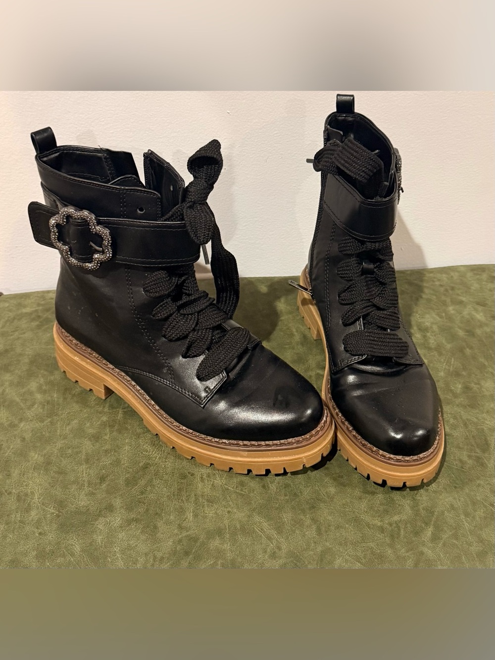 Sam & Libby Black Lace-Up Combat Boots with Tan Lug Sole